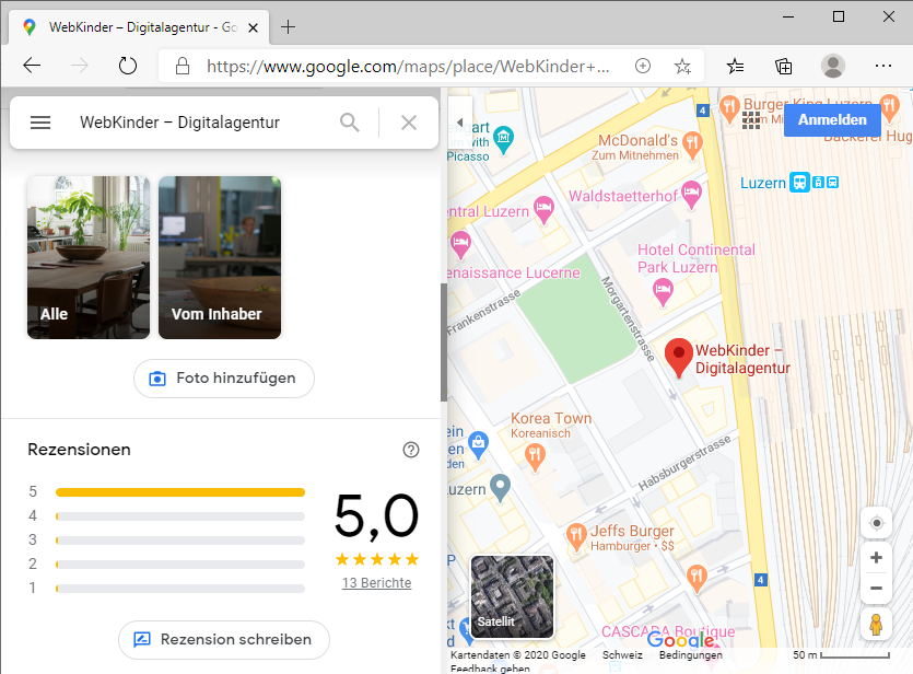 Google Maps zeigt hier den My Business Eintrag für WebKinder. Unten links ist eine Schaltfläche namens "Rezension schreiben".