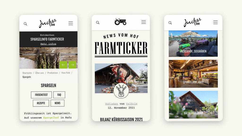 Screenshot der Mobile Screens für die Startseite, einer Detailseite und der Standortübersichtsseite