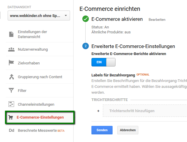 Erweiterte E-Commerce Funktion Einstellungen aktivieren