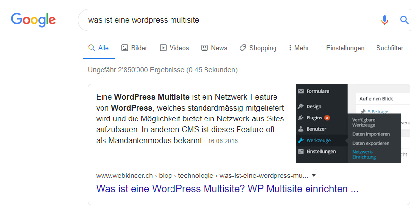 Screenshot der Google Suchresultate für die Anfrage "Was ist eine WordPress Multisite"