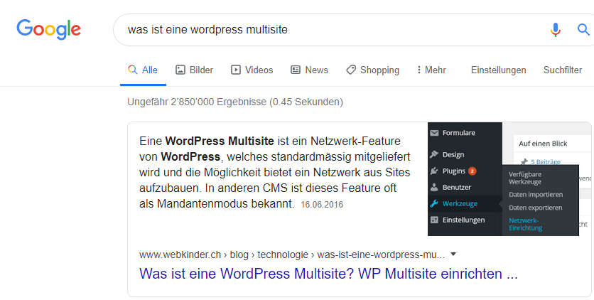 Screenshot des WebKinder Featured Snippet Suchresultat auf Google.