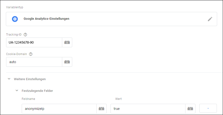 Die bereits vokonfigurierte Google Analytics-Einstellungsvariable wird hier nur noch mit einem festzulegenden Feld ergänzt, in welchem anonymizeIp = true steht.