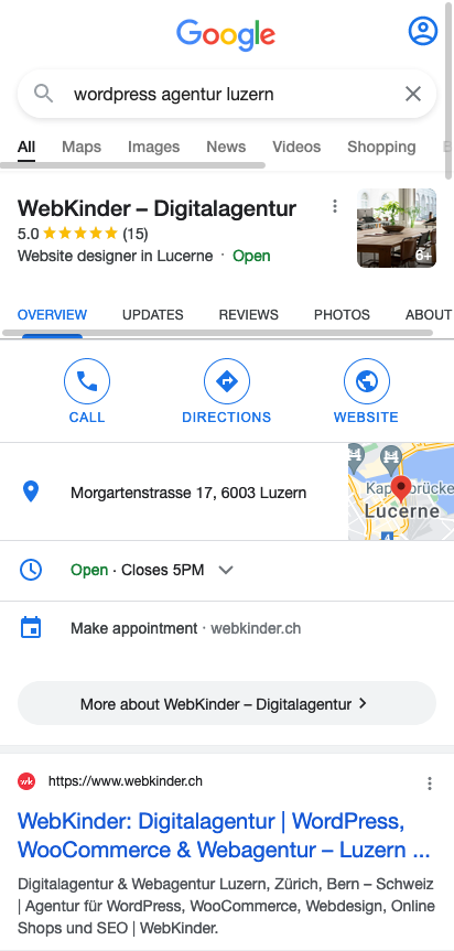 Screenshot der Google Suchresultate für webkinder auf einem Smartphone, inklusive Google My Business Eintrag