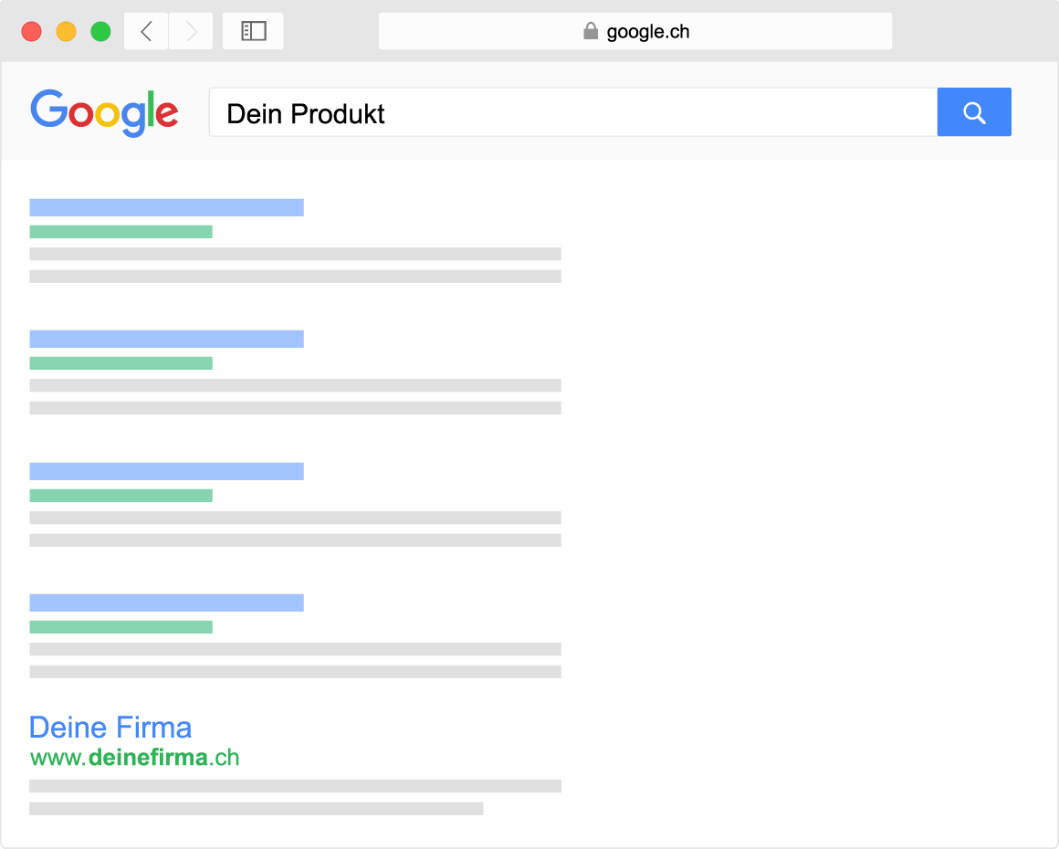 Eine Animation, welche zeigt, wie du dein Ranking verbessern kannst und deine Webseite in den Google Suchresultaten von Platz fünf auf Platz eins kommt.