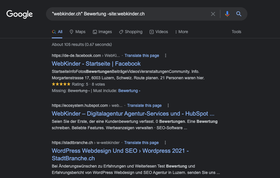 Screenshot der Google Suche für Bewertungen für webkinder.ch | Suchmaschinenoptimierung Agentur Luzern Zürich Basel Bern