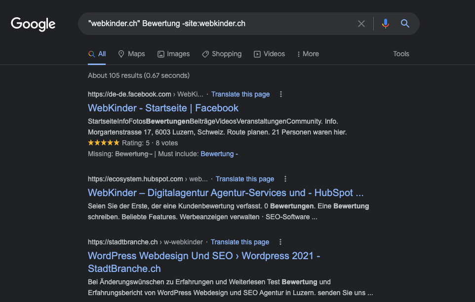 Screenshot der Google Suchparameter für die Bewertungssuche