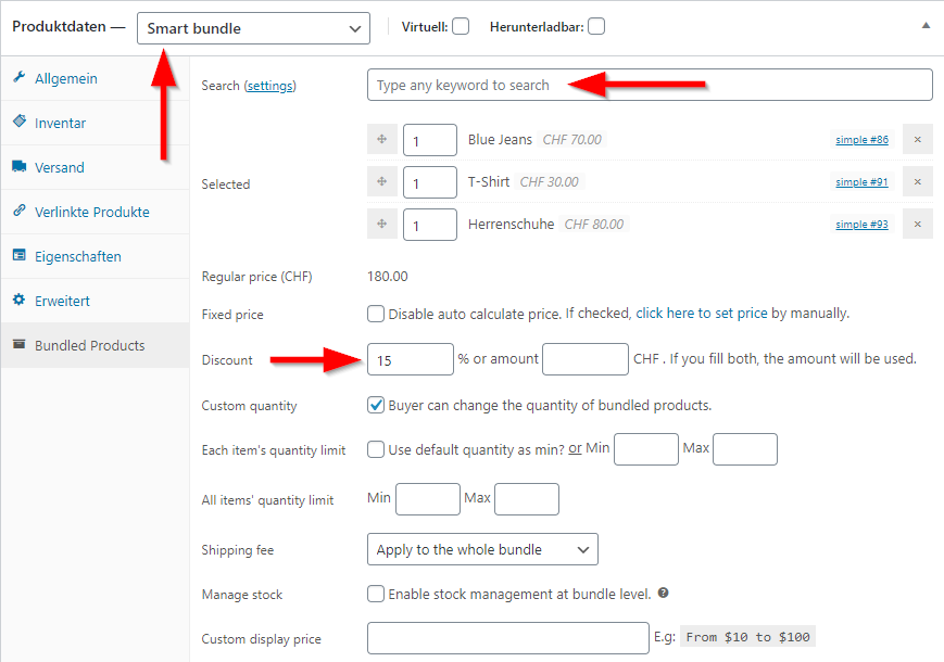 Screenshot der WooCommerce Einstellungen für Bundled Products mit roten Pfeilen für die Anleitung.