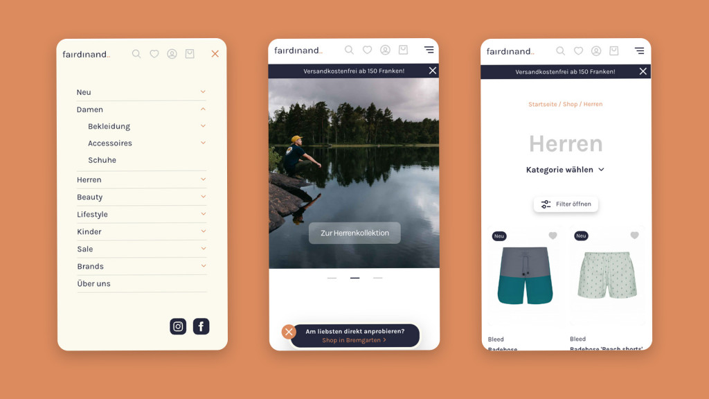 Drei mobile Screens der Referenzwebseite nebeneinander auf orangem Hintergrund