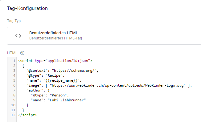 Screenshot der Google Tag Manager Oberfläche, welche ein benutzerdefiniertes HTML Tag mit JSON-LD-JavaScript zeigt.