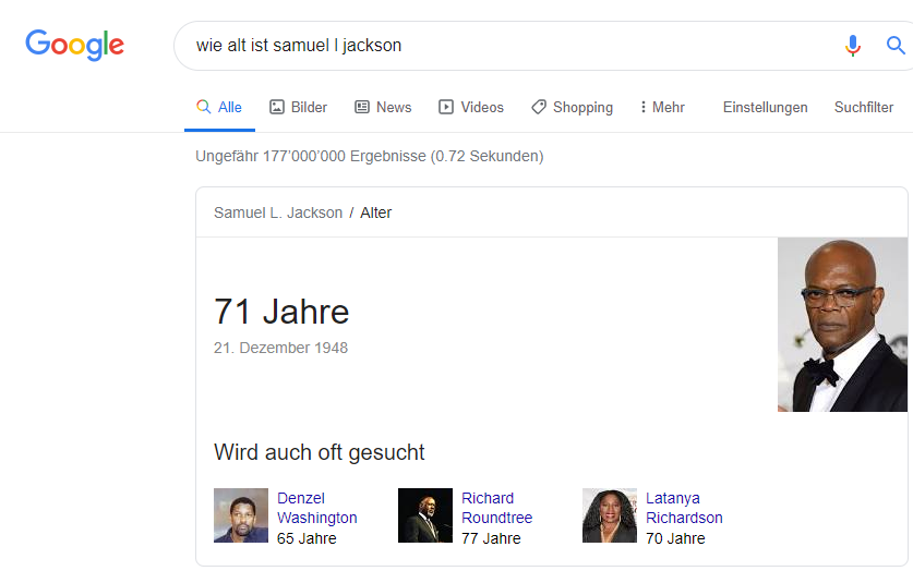 Ein Bild der Google Suchresultate featuring Samuel L. Jackson als Beispiel für die schiere Grösse von gewissen Rich Data Suchergebnissen | WebKinder Strukturierte Daten Agentur Schweiz