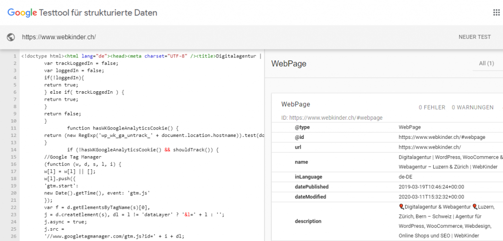 Screenshot des Testtools für strukturierte Daten von Google am Beispiel der Webseite webkinder.ch. Links der Code, rechts die von Google interpretierten strukturierten Daten. Keine Warnungen, keine Fehler, so soll es sein.