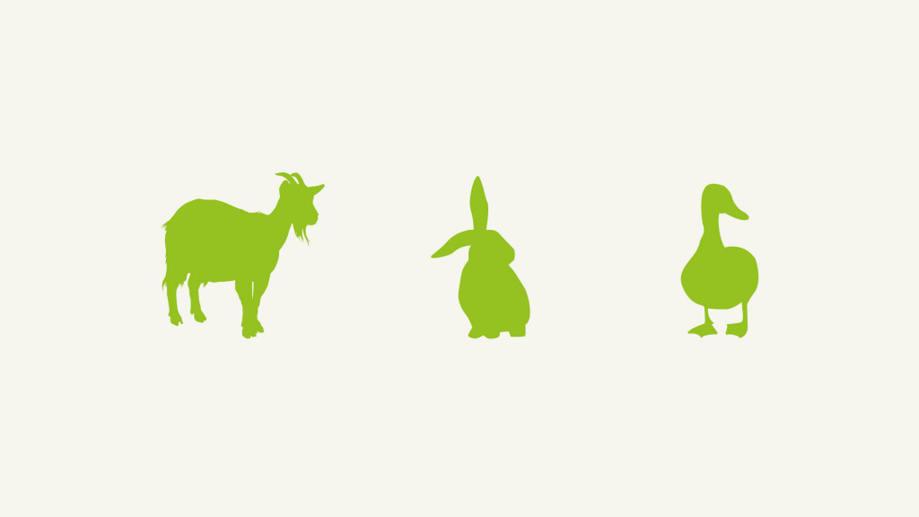 Ausgeschnittene Formen von drei Tieren: eine Ziege, ein Hase und eine Ente