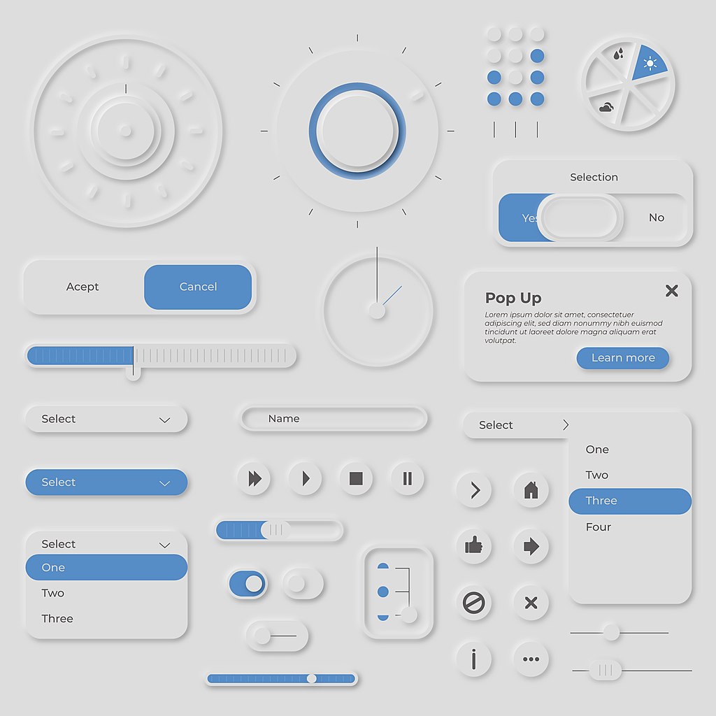 Diverse flache UI/UX Elemente werden mit einem Schlagschatten als 3D Objekt dargestellt.