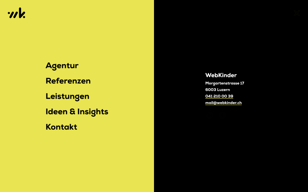 Das zweispaltige Full Screen Overlay Menü von webkinder.ch: schlicht, übersichtlich und ansprechend.