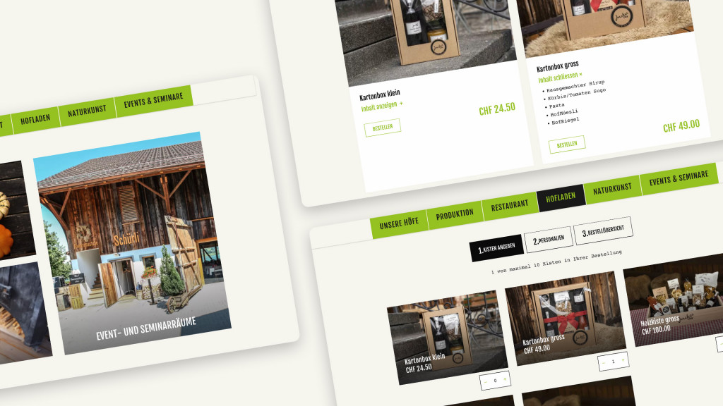 Collage des Menüs, einer Galerieseite und einer Shopseite
