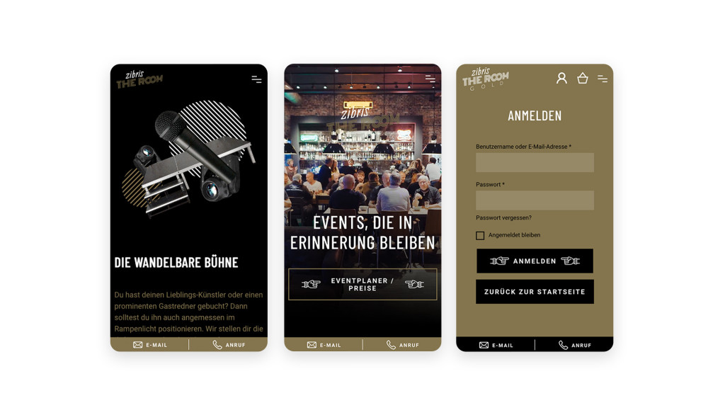 Screenshots der mobile responsive Screens von der Angebotsseite, von der Startseite und vom Kontaktformular.