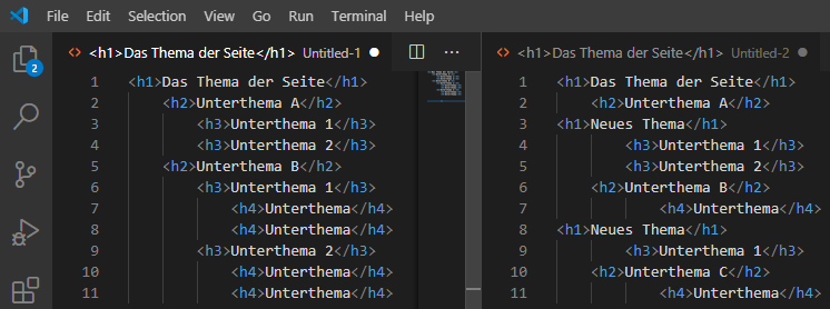 Screenshot von zwei Visual Studio Code Dateien: links eine korrekt Strukturierte h1, h2, h3 Struktur, rechts das Chaos, welches man leider oft sieht.