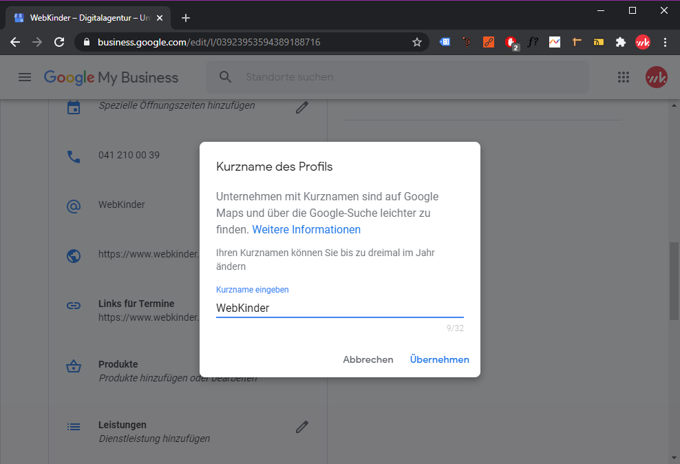 Das Google My Business Dashboard mit geöffneter "Kurzname des Profils" Einstellung.