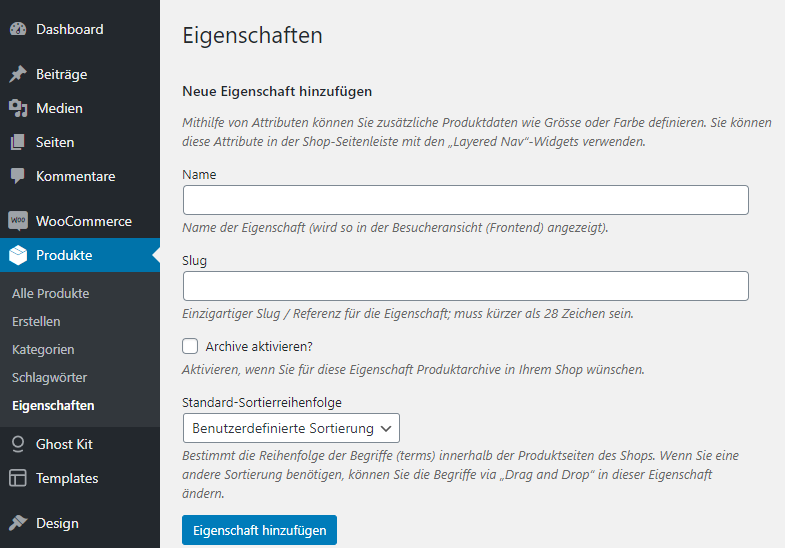 WooCommerce Anleitung für variable Produkte in WooCommerce, Schritt 2: Im WordPress Dashboard den Menüpunkt Eigenschaften auswählen um bestehende Eigenschaften wie Farbe und Grösse zu bearbeiten oder neue Eigenschaften hinzuzufügen | WEBKINDER WordPress, WooCommere und SEO Webagentur aus Luzern, mit Kunden aus Zürich, Basel und Bern.