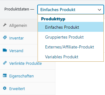 WooCommerce Anleitung: Wie man variable Produkte und Produktvarianten hinzufügt. Der erste Schritt zeigt das Dropdown Produktdaten mit den Optionen Einfaches Produkt und Variables Produkt | WEBKINDER WordPress und WooCommerce Digitalagentur mit Sitz in Luzern, tätig gesamtschweizerisch auch in Zürich, Basel und Bern.