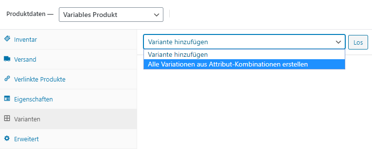 WooCommerce Anleitung für Variable Produkte und Produktvarianten: Via Menüpunkt Varianten wird mit dem Dropdown Variante hinzufügen eine einzelne Variante oder "Alle Variationen aus Attribut-Kombinationen erstellen" dem Produkt hinzugefügt | WEBKINDER Digitalagentur Luzern für WordPress, WooCommerce und Webapplikationen für Zürich, Bern, Basel und Luzern.