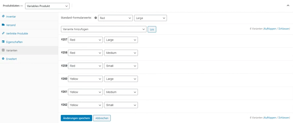 Prdutkvariationen und variable Produkte in WooCommerce: Unter den Produktvarianten können die Standartwerte gesetzt, vorhandene Varianten bearbeitet und neue Varianten hinzugefügt werden. Hier wurde eine Kombination aus zwei Farben und drei Grössen festgelegt | WEBKINDER Webagentur für WordPress, WooCommerce und Webapplikationen aus Luzern, für Kunden aus der ganzen Deutschschweiz.