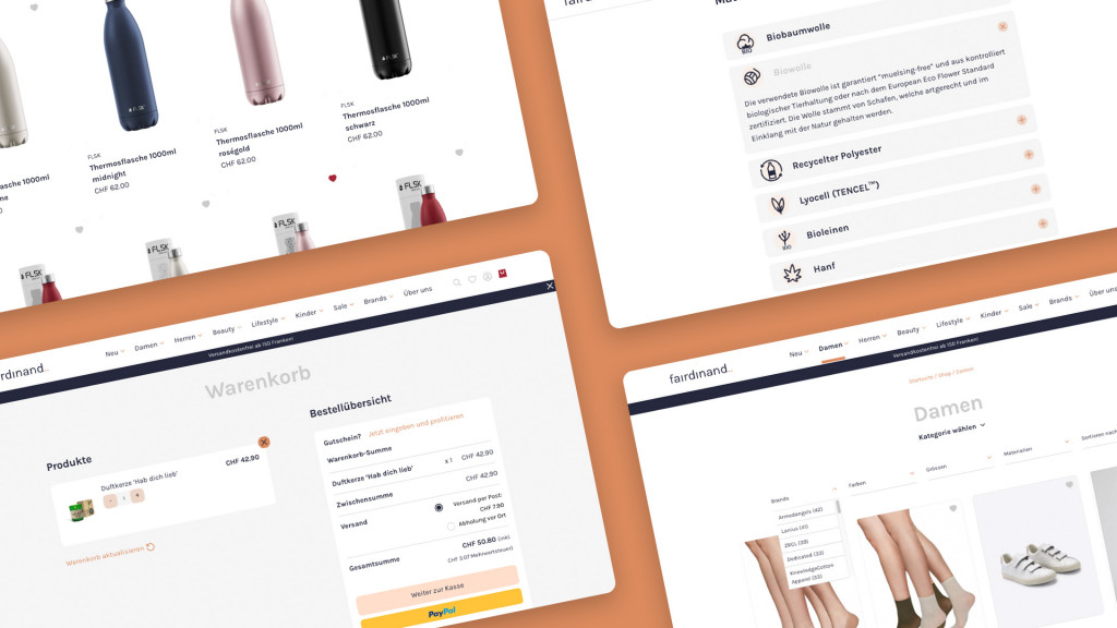 Vier Desktop Screenshots der Referenzwebseite auf orangem Hintergrund
