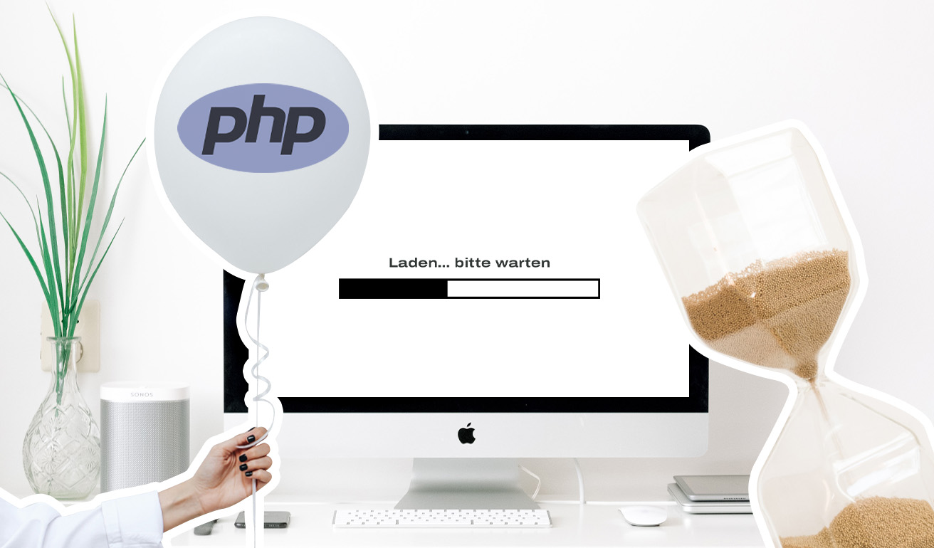 Ein PHP Logo und eine Sanduhr vor einem Ladebalken auf einem Bildschirm