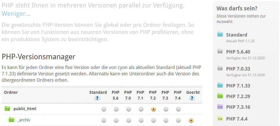 Screenshot des Hosting Panels mit PHP Versionsmanager