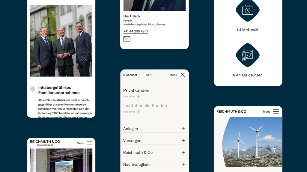 Mobile Screens von der Startseite, dem Menü und den Unternehmenseckdaten
