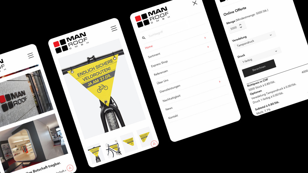 Screenshots der Mobile Screens für Menü, Produkte, Checkout und Galerie