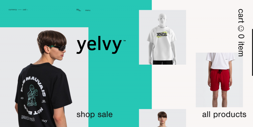 Die Startseite von yelvy.com: Die Produktbilder und einige Texte brechen die farblich vergebenen Raster und stechen hervor.